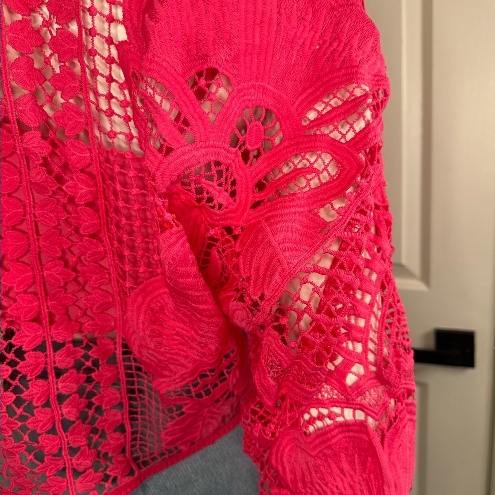Farm Rio Boohoo Alucina Puff-Sleeve Guipure Pink Crop Top Size Small - Picture 5 of 13